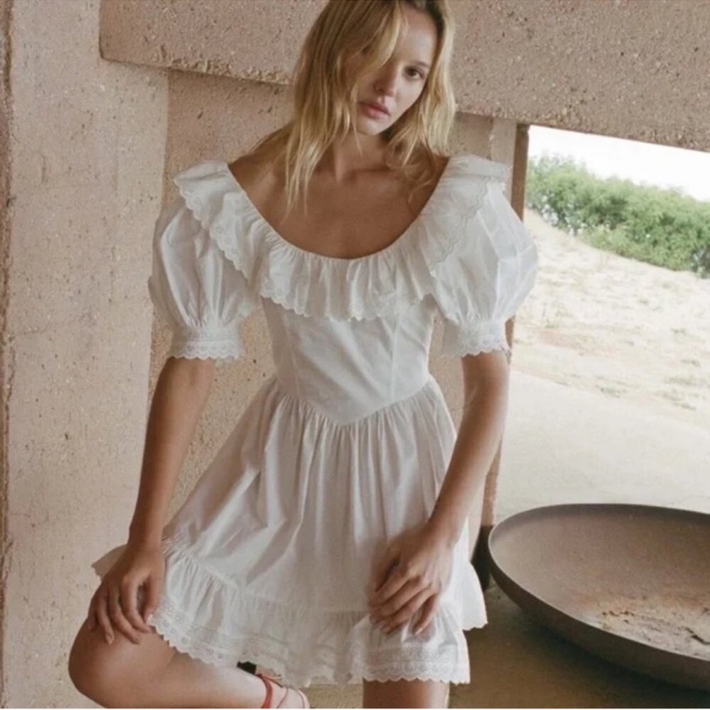 White Ruffle Mini Dress with Puff Sleeves - Picture 3 of 10